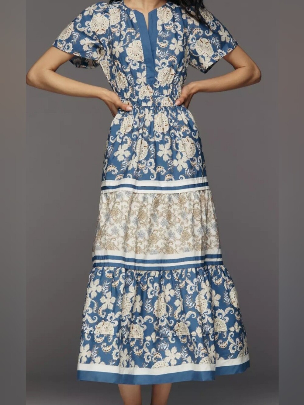 Anthropologie Somerset Blue Floral Tiered Midi Dress S Nwot